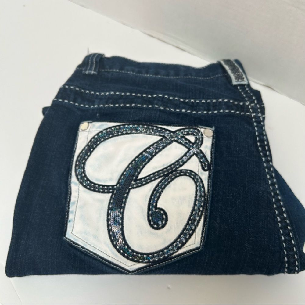 Coogi Vintage Dark Wash Leather Sequin Embroidered Trim Denim Jeans Logo size 18